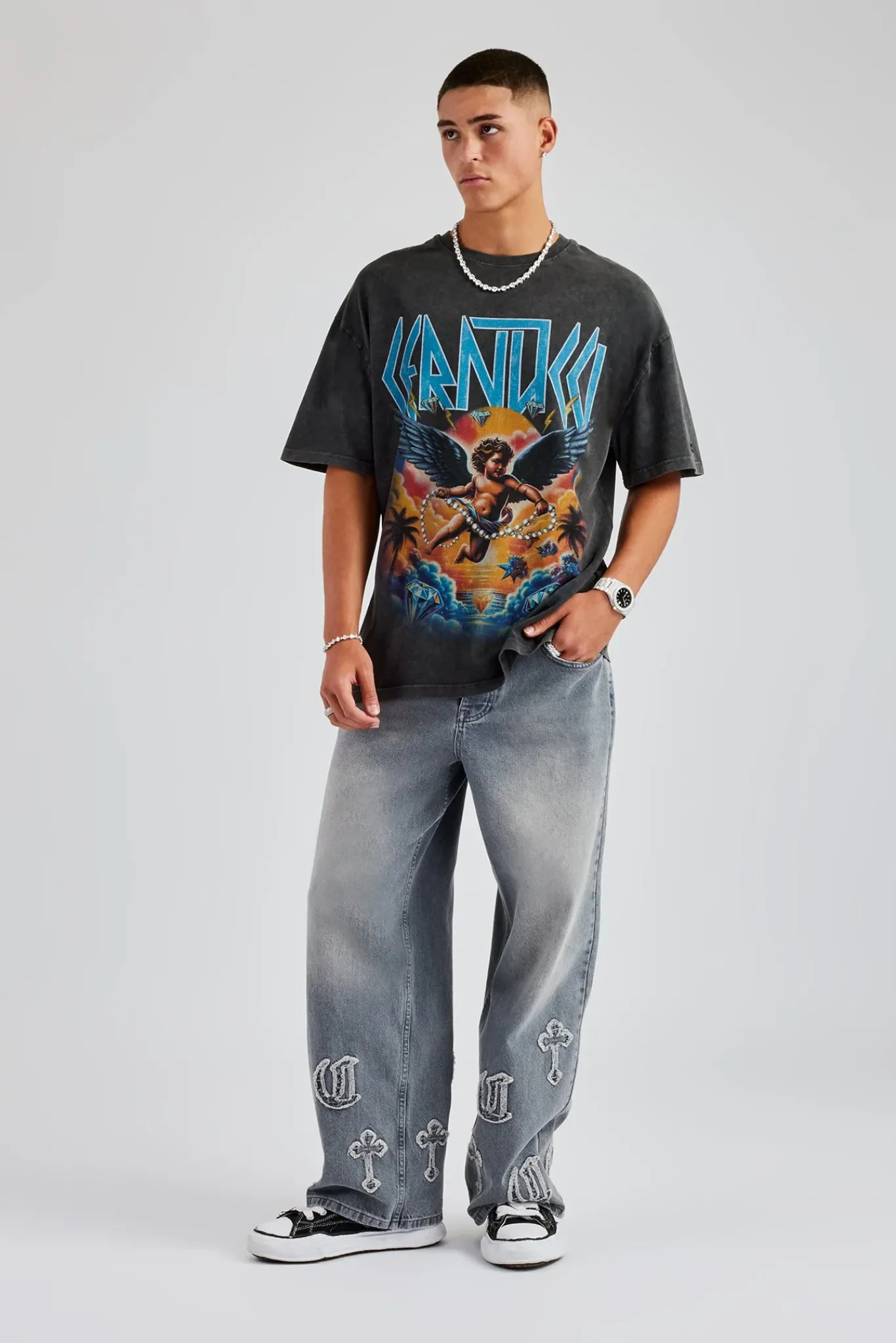 CLO-BOT-DEN Raw Edge Applique Cross Baggy Jean - Grey Wash