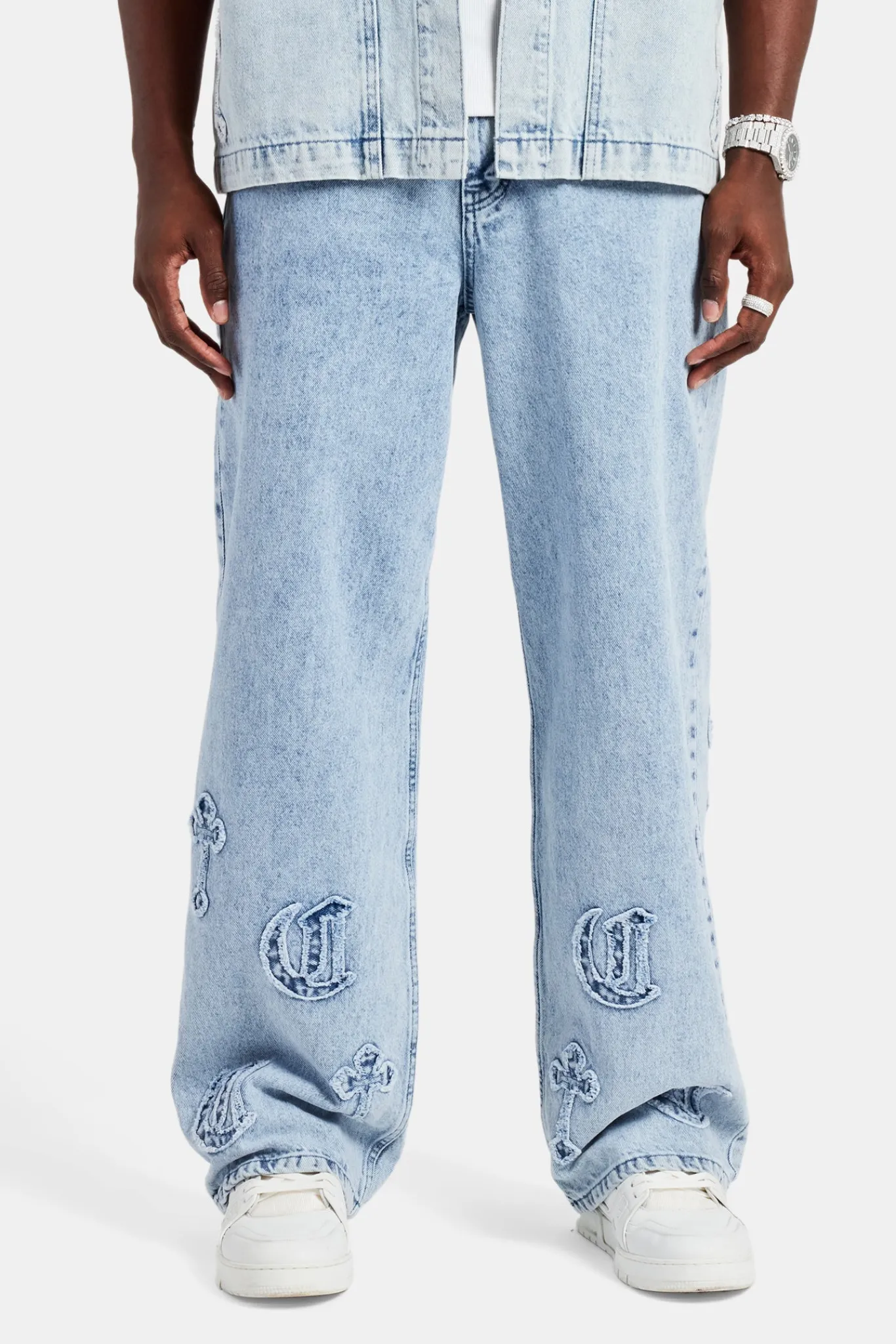 CLO-BOT-DEN Raw Edge Applique Cross Baggy Jean - Light Blue