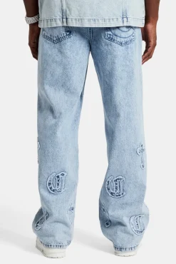 CLO-BOT-DEN Raw Edge Applique Cross Baggy Jean - Light Blue
