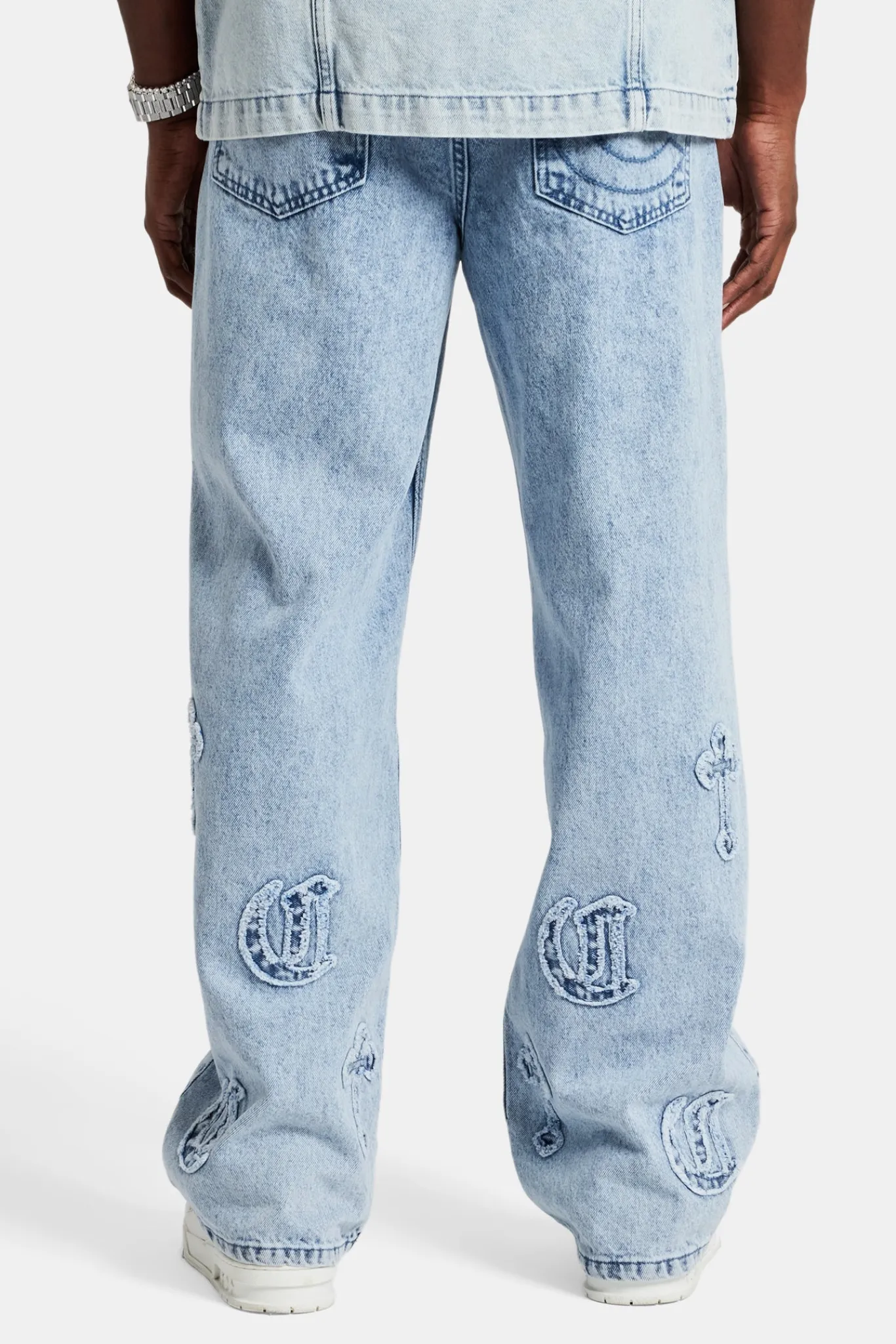 CLO-BOT-DEN Raw Edge Applique Cross Baggy Jean - Light Blue