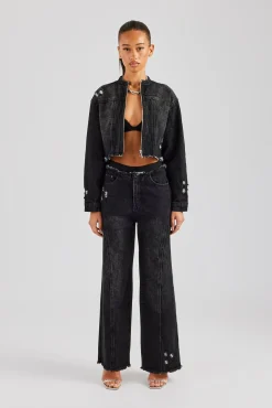 Women CLO-SET-DEN Raw Edge Denim Set - Washed Black