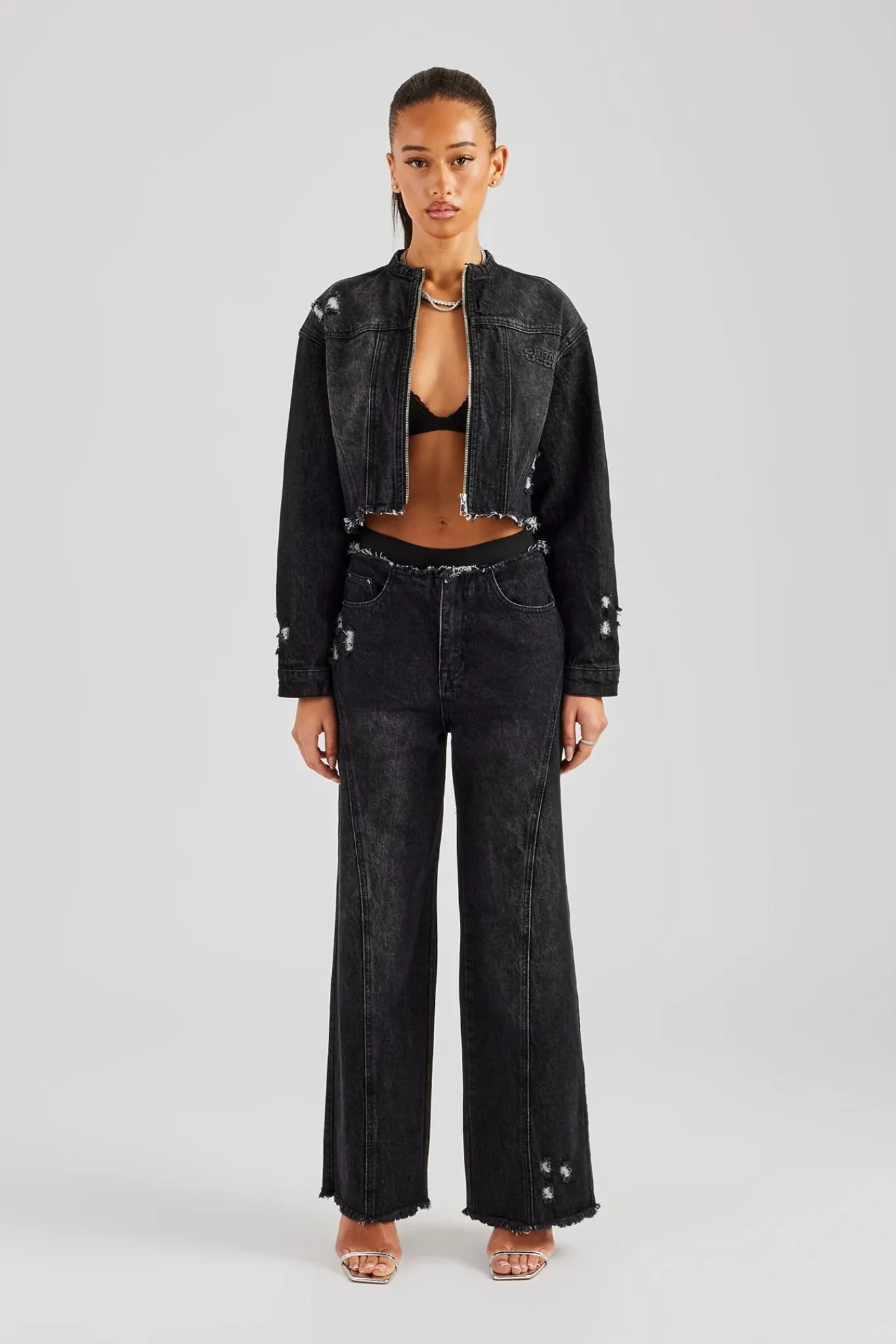 Women CLO-SET-DEN Raw Edge Denim Set - Washed Black