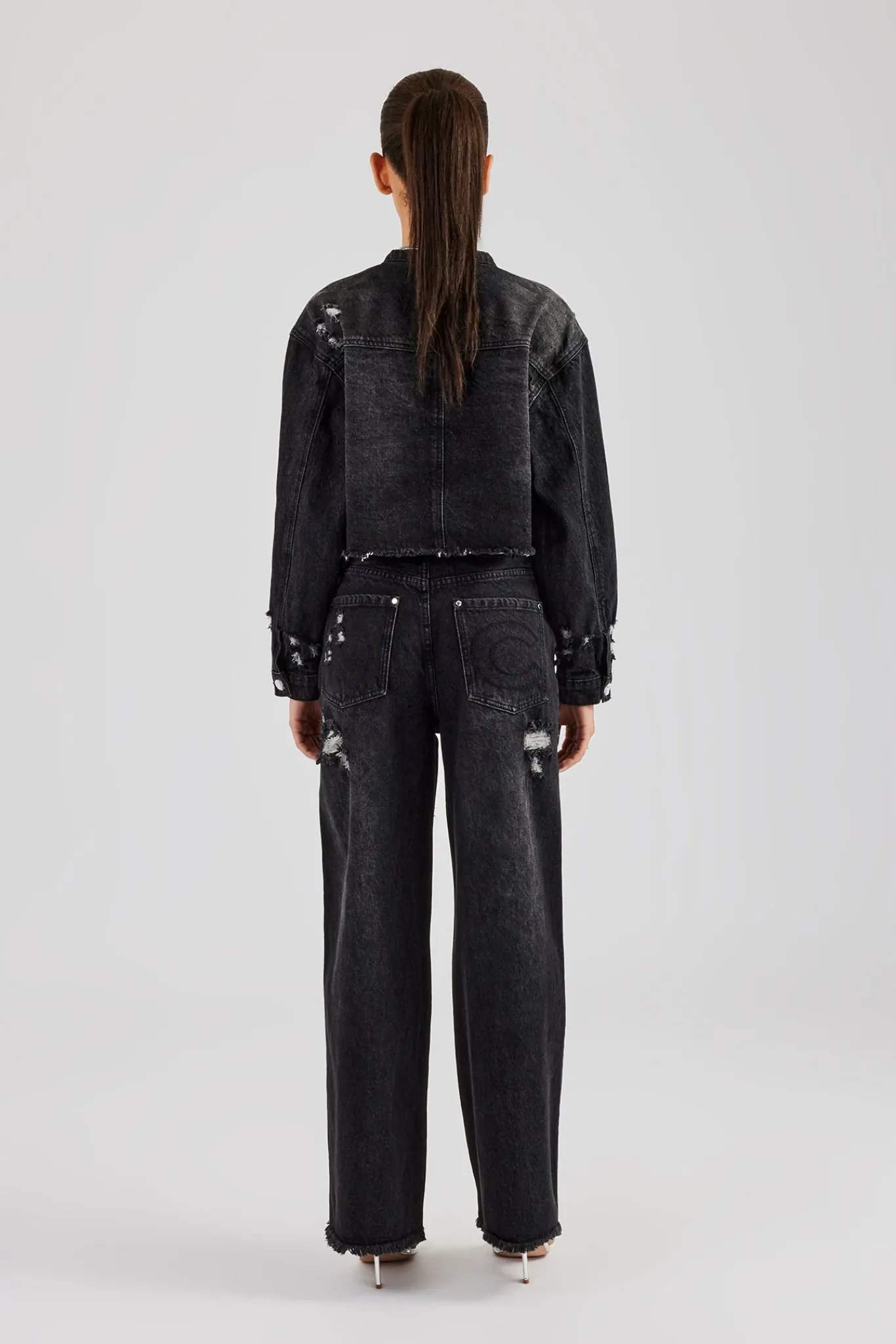 Women CLO-SET-DEN Raw Edge Denim Set - Washed Black