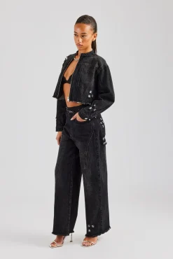 Women CLO-SET-DEN Raw Edge Denim Set - Washed Black