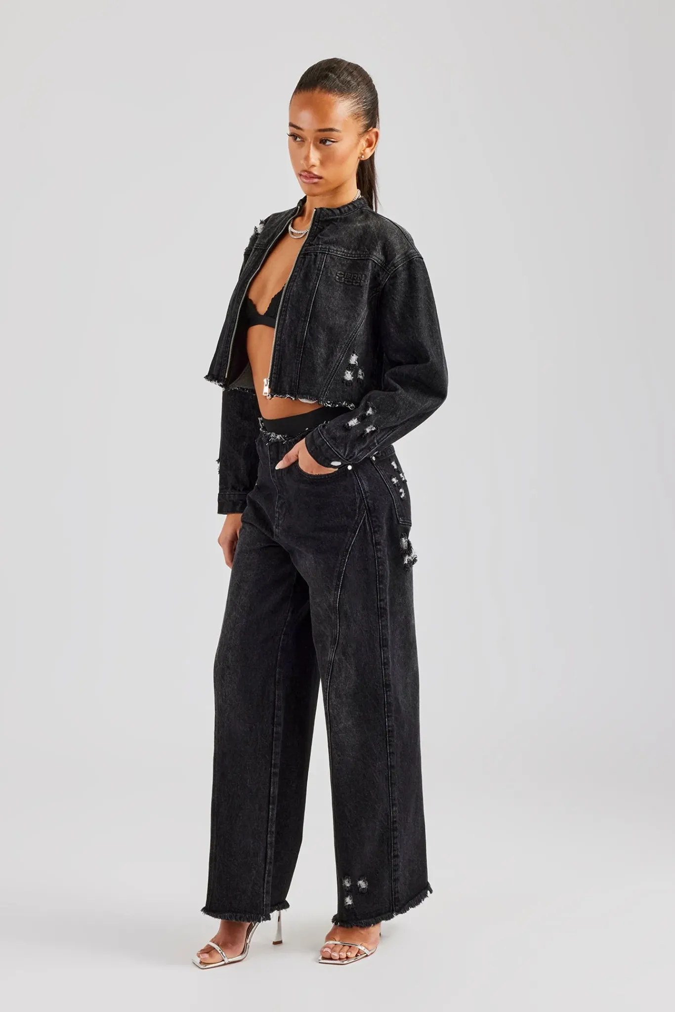 Women CLO-SET-DEN Raw Edge Denim Set - Washed Black