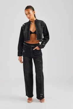 Women CLO-SET-DEN Raw Edge Denim Set - Washed Black