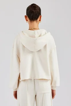 Women CLO-TOP-HS-HOOD Raw Edge Zip Through Hoodie - Off White