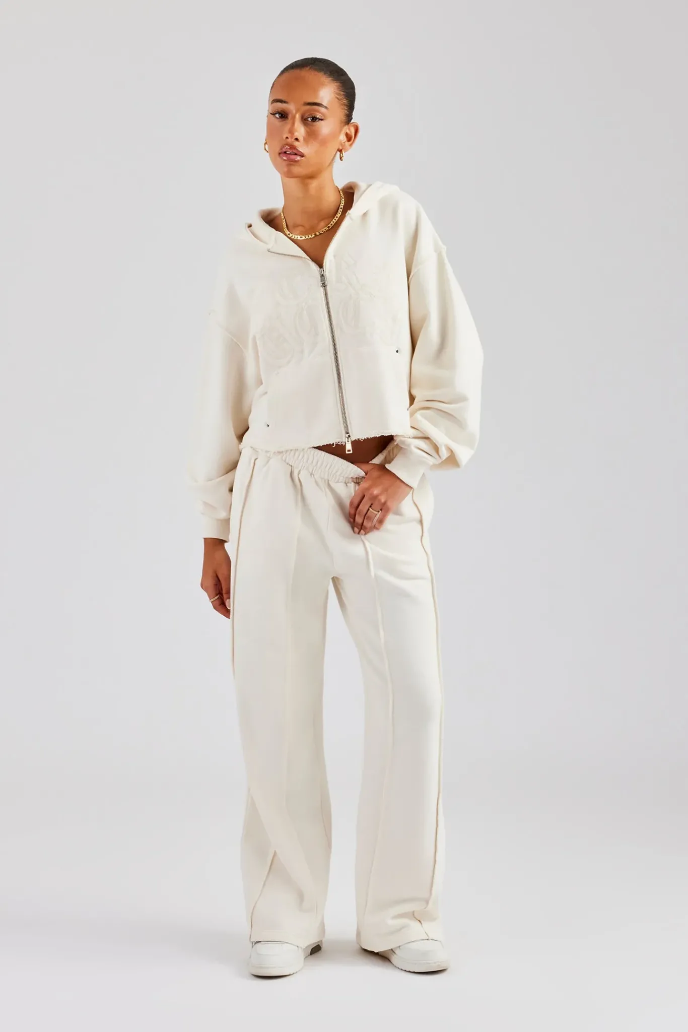 Women CLO-SET Raw Edge Zip Through Hoodie and Jogger Set - Off White