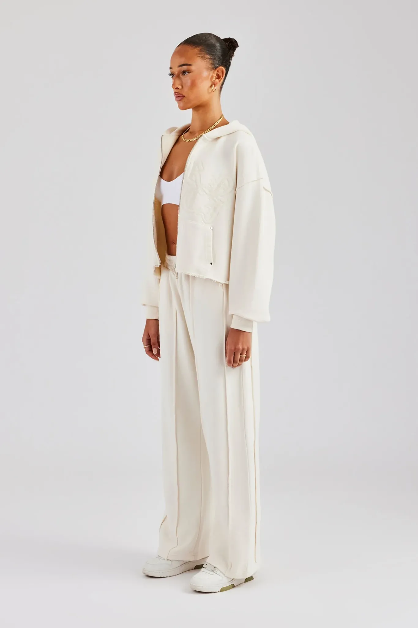 Women CLO-SET Raw Edge Zip Through Hoodie and Jogger Set - Off White