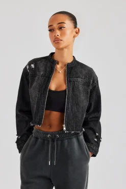 Women CLO-TOP-OUT-DEN Raw Hem Denim Collarless Jacket - Washed Black