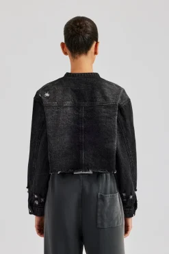 Women CLO-TOP-OUT-DEN Raw Hem Denim Collarless Jacket - Washed Black