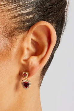 Women JWL-EAR Red Double Heart Drop Earrings - Gold