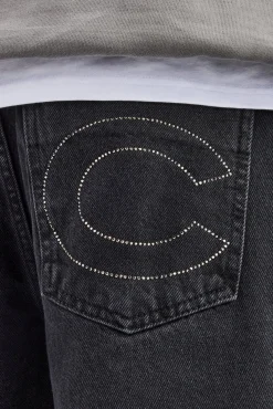 CLO-BOT-DEN Relaxed Rhinestone Pocket Detail Jeans  - True Black
