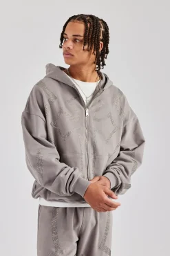 CLO-TOP-HS-HOOD Rhinestone Cross Zip Through Hoodie - Charcoal