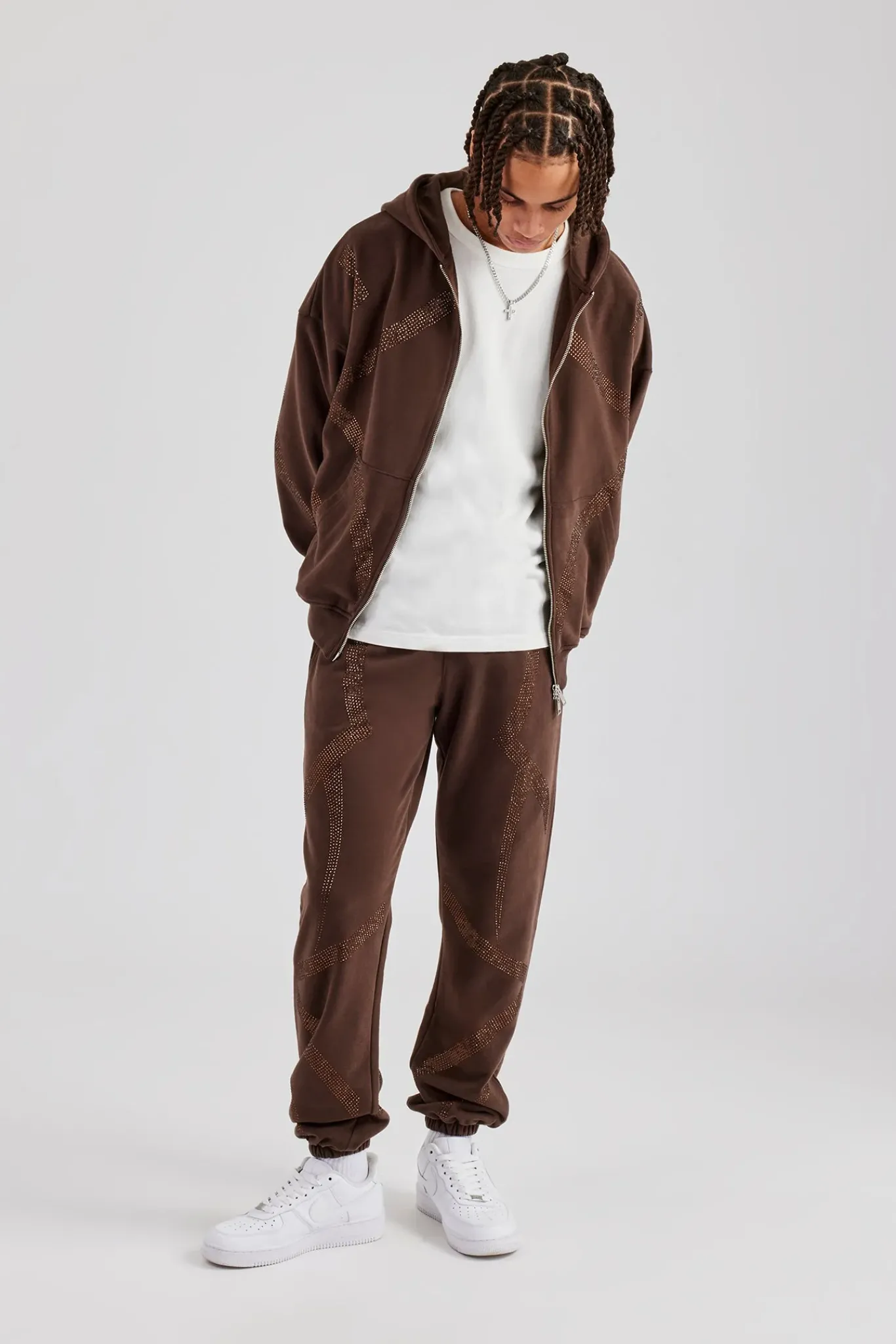 CLO-BOT-TRO Rhinestone Diamond Cuffed Jogger - Chocolate