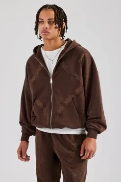 CLO-TOP-HS-HOOD Rhinestone Diamond Zip Through Hoodie - Chocolate