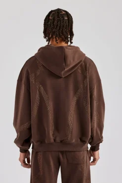 CLO-TOP-HS-HOOD Rhinestone Diamond Zip Through Hoodie - Chocolate