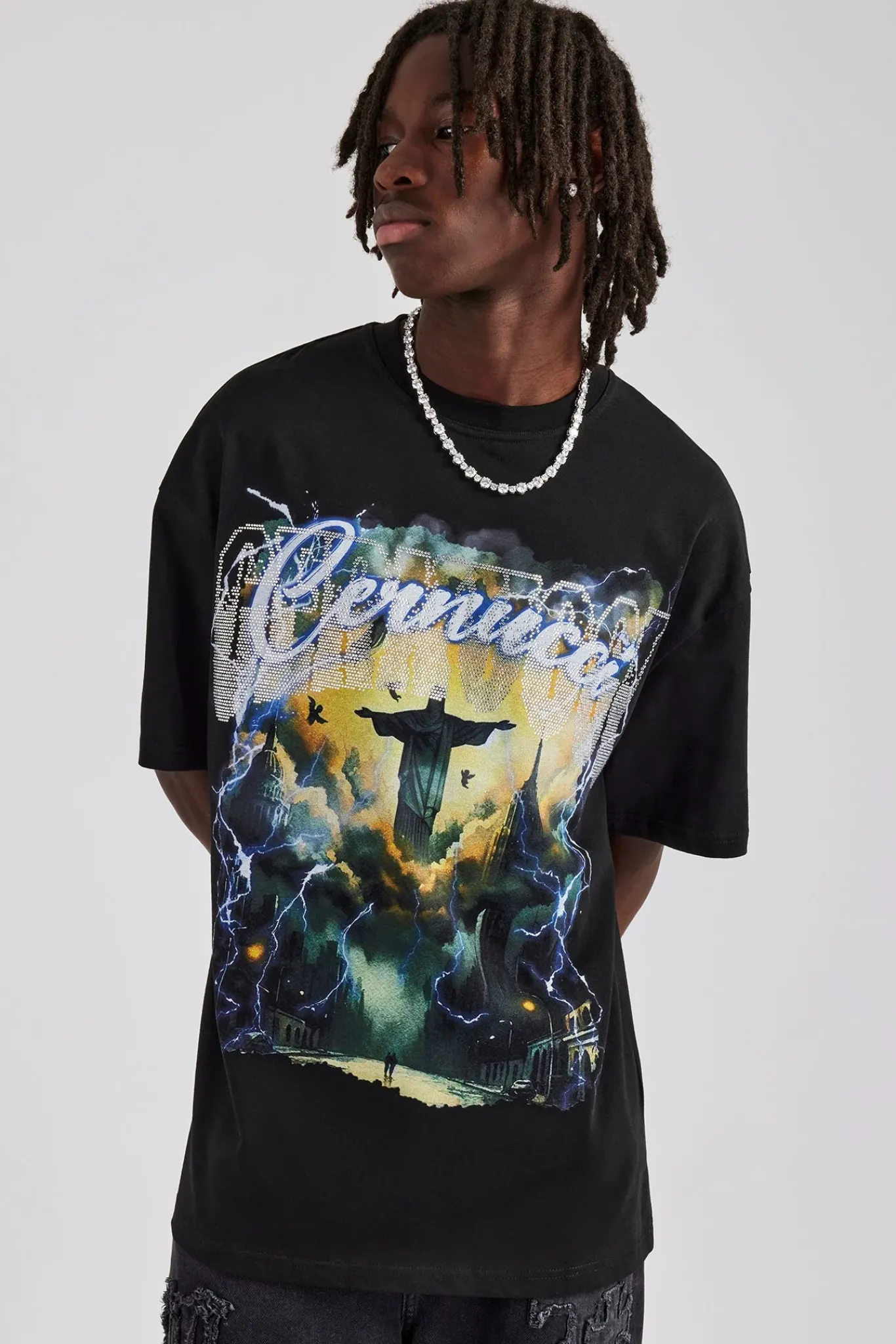 CLO-TOP-TEE Rhinestone Lightning Oversized T-Shirt - Black