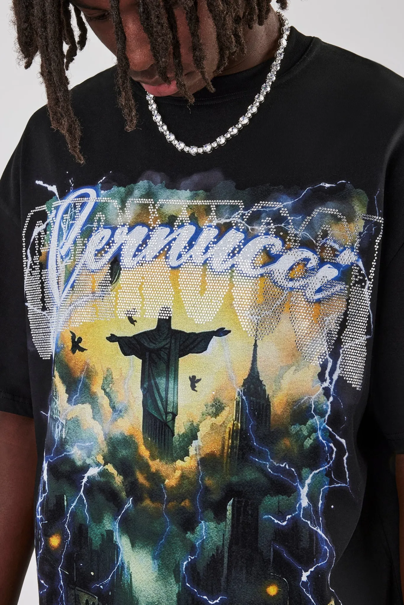 CLO-TOP-TEE Rhinestone Lightning Oversized T-Shirt - Black