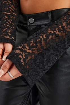 Women CLO-TOP-TEE Rhinestone Long Sleeve Lace Top - Black
