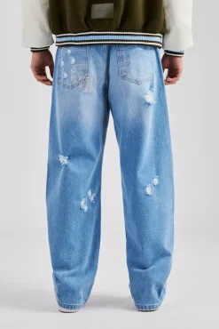 CLO-BOT-DEN Rhinestone Motif Baggy Jean - Mid Blue