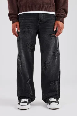 CLO-BOT-DEN Rhinestone Motif Baggy Jean