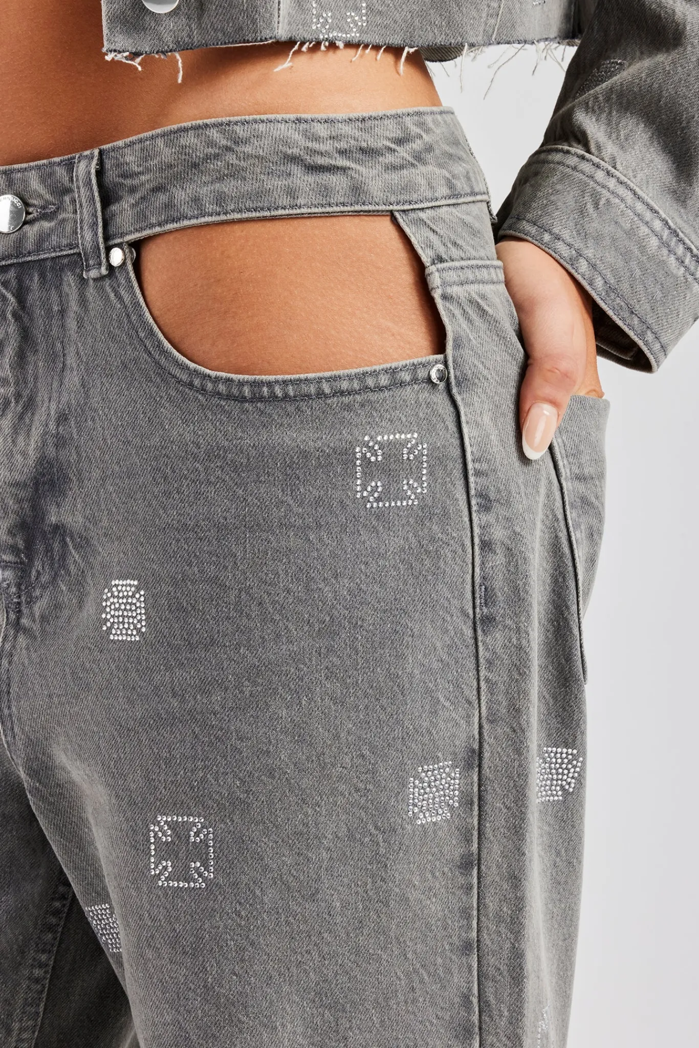 Women CLO-SET-DEN Rhinestone Motif Denim Jacket and Jean Set - Washed Grey