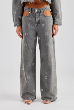 Women CLO-BOT-DEN Rhinestone Motif Relaxed Denim Jean - Washed Grey