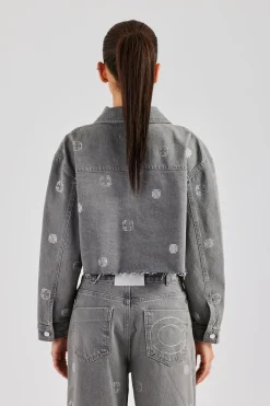 Women CLO-TOP-OUT-DEN Rhinestone Motif Relaxed Denim Jacket - Washed Grey