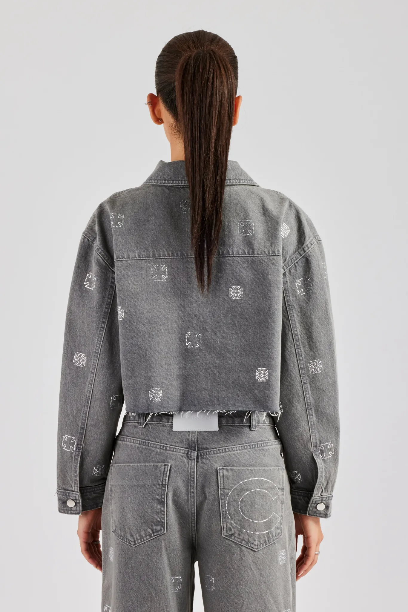 Women CLO-TOP-OUT-DEN Rhinestone Motif Relaxed Denim Jacket - Washed Grey