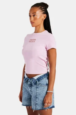 Women CLO-TOP-TEE Rib Glitter Applique Baby Tee - Pink