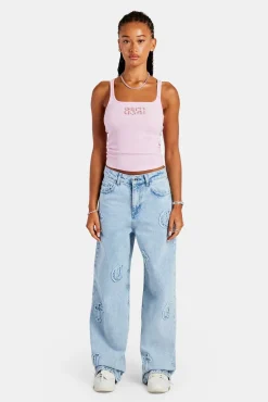 Women CLO-TOP-TEE Rib Glitter Applique Vest Top - Pink