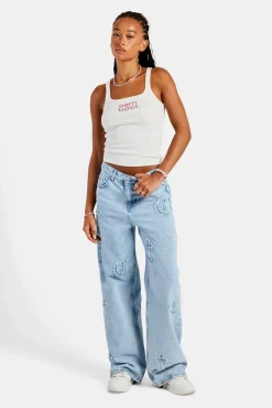 Women CLO-TOP-TEE Rib Glitter Applique Vest Top  White