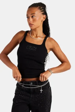 Women CLO-TOP-TEE Rib Glitter Applique Vest Top - Black