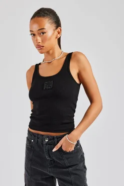 Women CLO-TOP-TEE Ribbed Scoop Neck Embellished Vest - Black