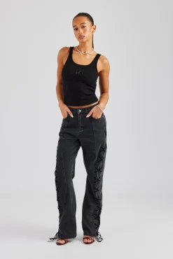 Women CLO-TOP-TEE Ribbed Scoop Neck Embellished Vest - Black