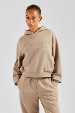 Women CLO-TOP-HS-HOOD Rope Embroidery Oversized Hoodie - Taupe
