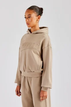Women CLO-TOP-HS-HOOD Rope Embroidery Oversized Hoodie - Taupe