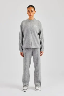 Women CLO-SET-KTW Seam Detail Knitted Sweatshirt & Wide Leg Jogger - Grey