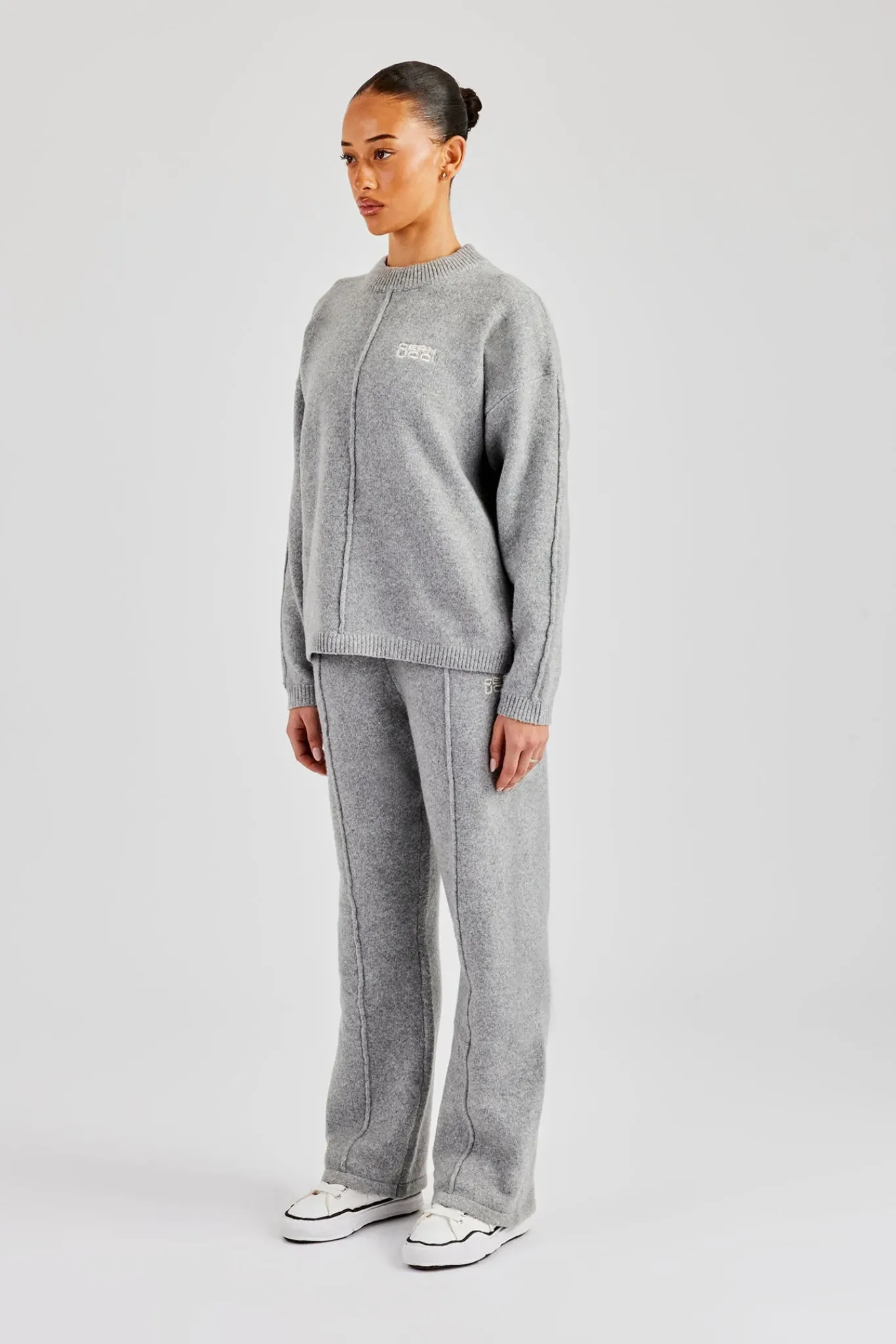 Women CLO-SET-KTW Seam Detail Knitted Sweatshirt & Wide Leg Jogger - Grey