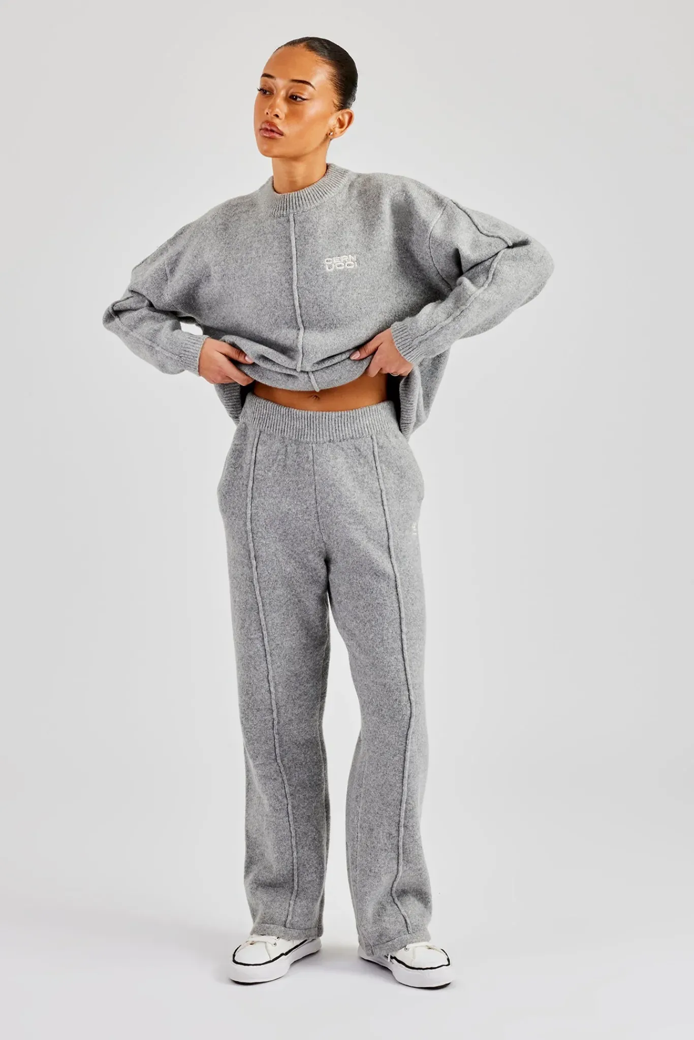 Women CLO-BOT-TRO-KTW Seam Detail Knitted Wide Leg Jogger - Grey
