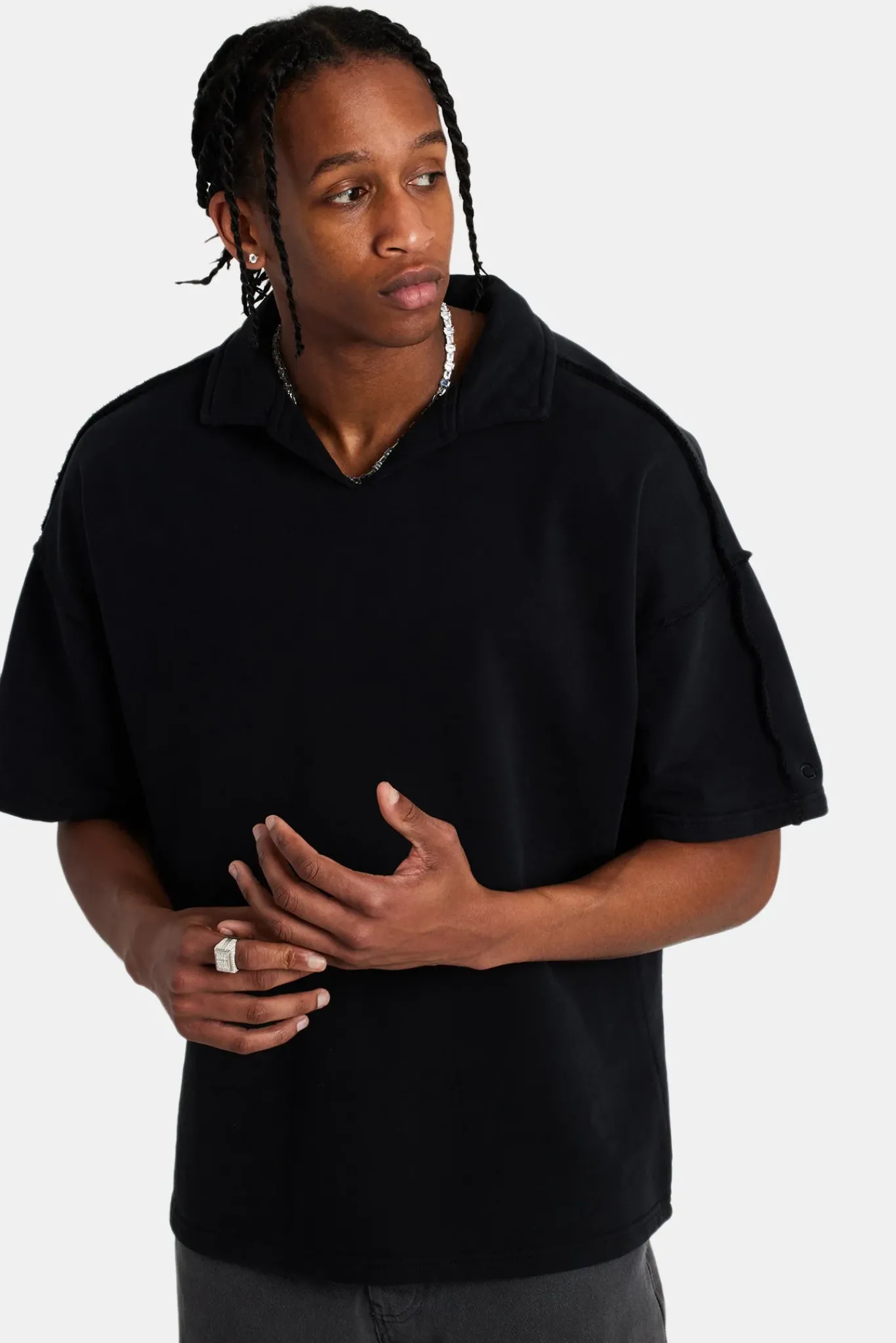 CLO-TOP-HS-SWE Short Sleeve Exposed Seam Collared Sweatshirt - Black