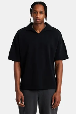 CLO-TOP-HS-SWE Short Sleeve Exposed Seam Collared Sweatshirt - Black
