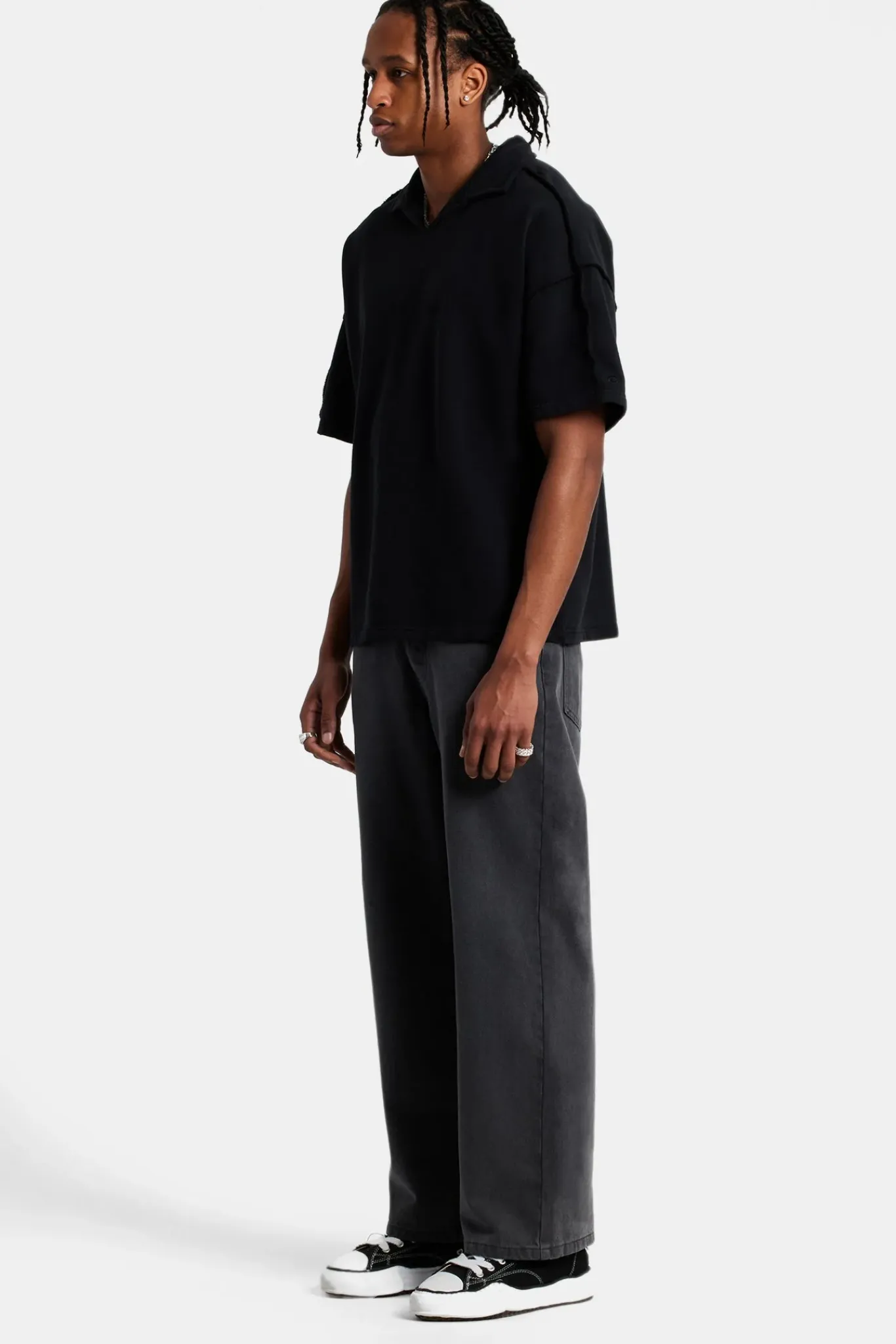 CLO-TOP-HS-SWE Short Sleeve Exposed Seam Collared Sweatshirt - Black