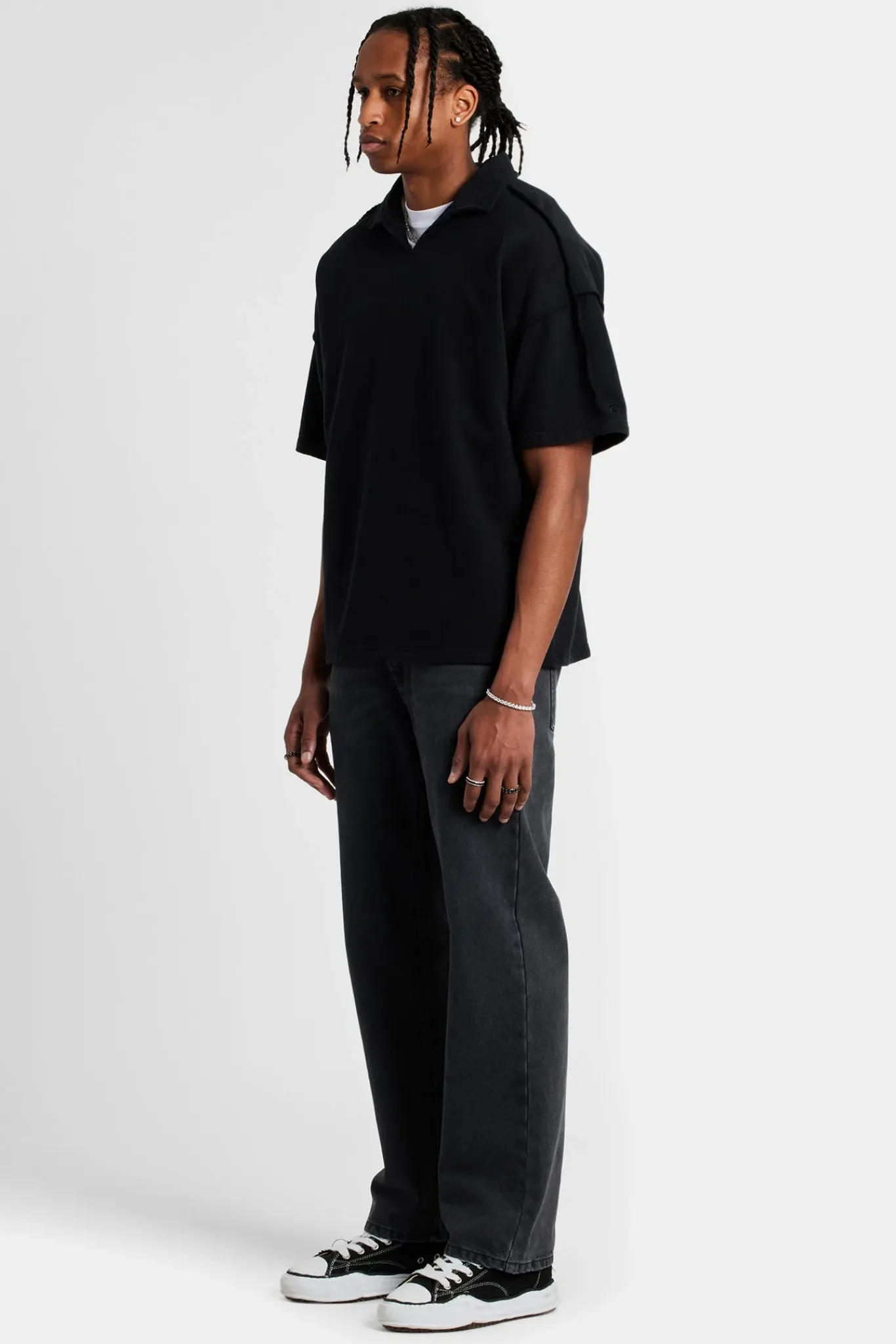 CLO-TOP-HS-SWE Short Sleeve Exposed Seam Collared Sweatshirt - Black