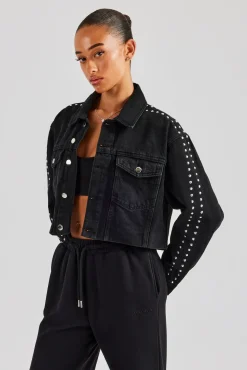 Women CLO-TOP-OUT-DEN Stud Cropped Denim Jacket - Washed Black