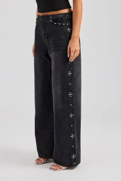 Women CLO-BOT-DEN Stud Detail Baggy Jean - Washed Black
