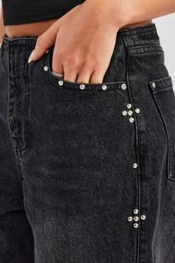Women CLO-BOT-DEN Stud Detail Baggy Jean - Washed Black