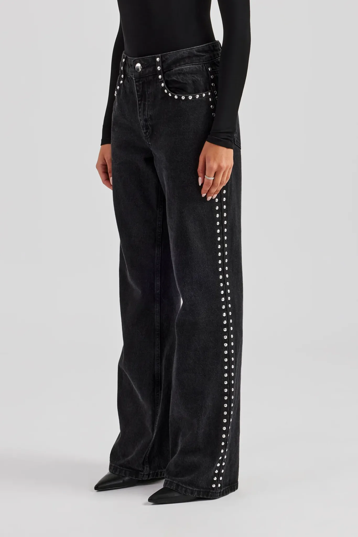 Women CLO-BOT-DEN Stud Flare Jean - Washed Black