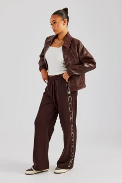 Women CLO-BOT-TRO Stud Wide Leg Jogger - Chocolate